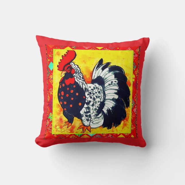 Coussin Coq d'art décoratif rouge avec bordure (Recto)
