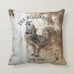 Coussin Coq de Ferme Nom de Famille Antique Vintage Rustiq