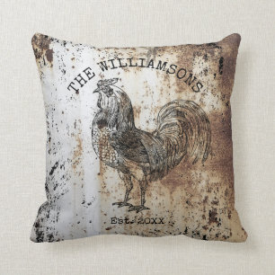 Coussin Coq de Ferme Nom de Famille Antique Vintage Rustiq