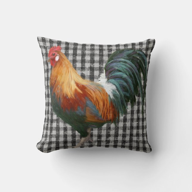 Coussin Coq de ferme rustique Pays noir et blanc (Recto)