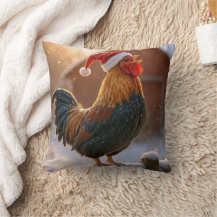 Coussin Coq de Noël qui chante, portant un chapeau de Père
