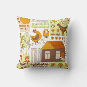 Coussin Coq et deux poules, œufs, fleurs, maison, dessin
