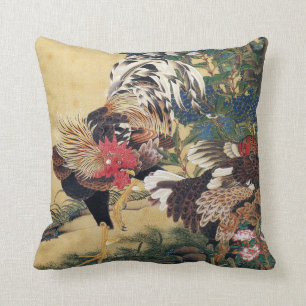 Coussin Coq et Poule avec Hydrangeas