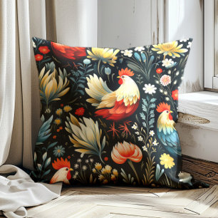 Coussin Coq Fleurs de poulet Ferme noire