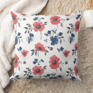 Coussin Coquelicot de corail bleu marine floral botanique
