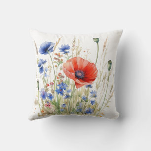 Coussin Coquelicots & Bleuets : Aquarelle de Prairie Rust