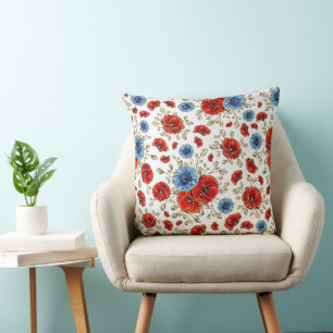 Coussin Coquelicots élégants bleus, rouges et or en souven