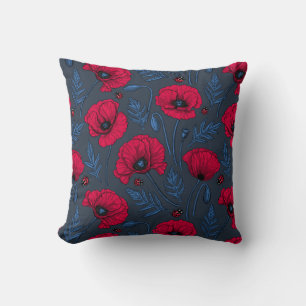 Coussin Coquelicots et coccinelles sur fond bleu foncé