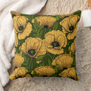Coussin Coquelicots jaunes sur vert foncé