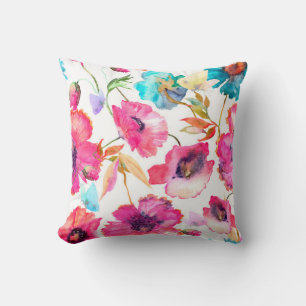 Coussin Coquelicots rouges et fleurs bleues avec papillons