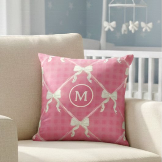 Coussin Coquette Bows Gingham Monogram Cream Pink