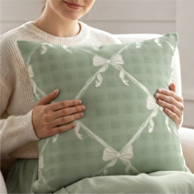 Coussin Coquette Bows Gingham Pattern Cream Sage Green  (Créateur téléchargé)