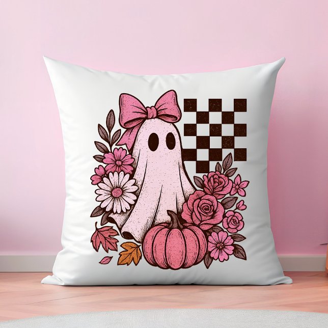 Coussin Coquette rose rétro Fille fantôme avec Bow Hallowe (This coquette ghost retro Halloween design combines floral sweetness with spooky spirit.)