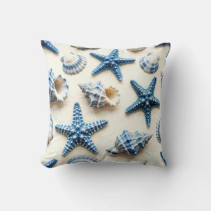 Coussin Coquillages et étoiles de mer bleus et blancs côti
