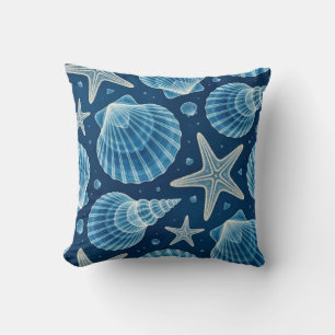 Coussin Coquillages et étoiles de mer bleus et blancs du l