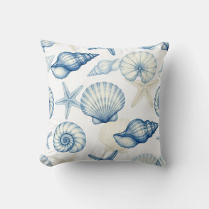Coussin Coquillages et étoiles de mer bleus et blancs du l