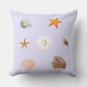 Coussin Coquillages, étoiles de mer et perle sur bleu perv