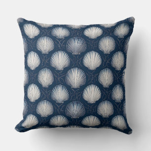 Coussin Coquillages marins bleu marine et blanc inspirés d