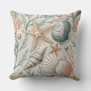 COUSSIN COQUILLAGES VERTS ET BRUNS ETOILES DE MER ET PLANT