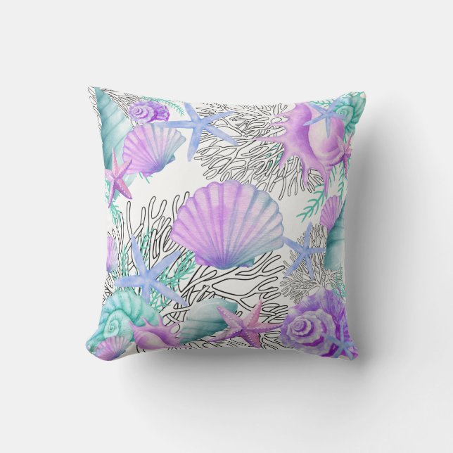 Coussin Coquillages violets roses sarcelle et blancs (Recto)
