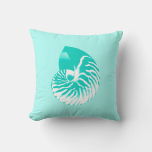Coussin Coquille de Nautilus - turquoise, aqua et blanc