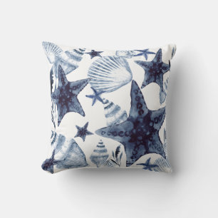 Coussin Coquilles d'étoiles de mer bleu marine et blanc mo