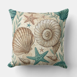 COUSSIN COQUILLES VERTES ET BRUNES ETOILES DE MER ET PLANT