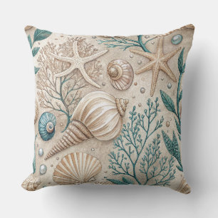 COUSSIN COQUILLES VERTES ET BRUNES ETOILES DE MER ET PLANT