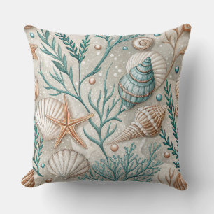 COUSSIN COQUILLES VERTES ET BRUNES ETOILES DE MER ET PLANT