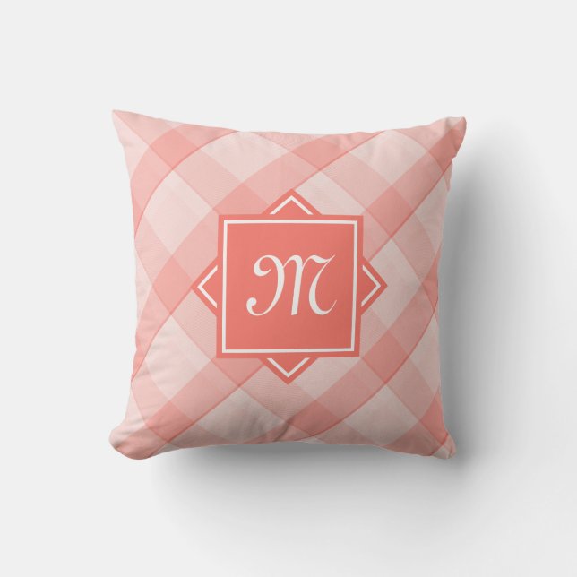 Coussin Corail Chic Plaid Avec Monogramme Diagonal Moderne (Recto)