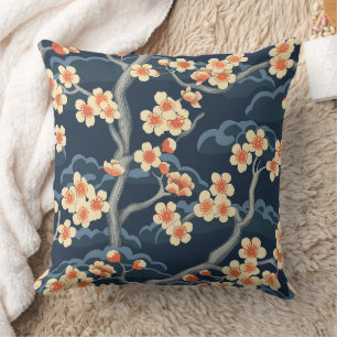 Coussin Corail Crème Sakura Bleu Marine Motif Floral