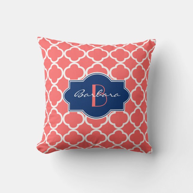 Coussin Corail et blanc Quatrefoil Motif géométrique (Recto)