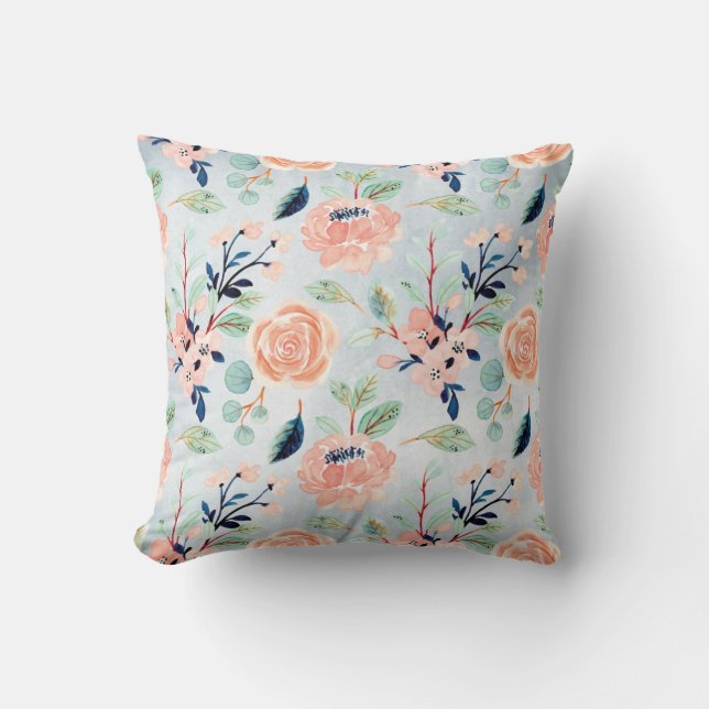 Coussin Corail et bleu Fleurs sauvages et Roses (Recto)