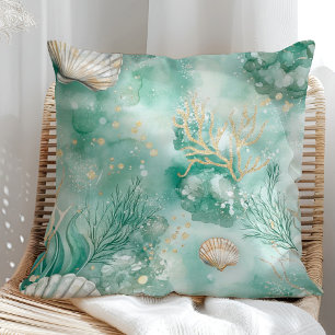 Coussin Corail et coques sous-marins en Aquarelle Turquois