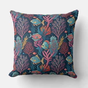 Coussin Corail et poissons sous-marins - Motif océanique a