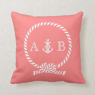 Coussin Corail Nautique et Monogramme Ancre