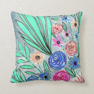 Coussin Corail rose bleu vert Aquarelle Art