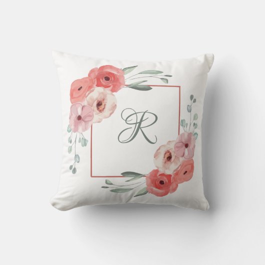 Coussin Corail rose et floral blanc vert monogrammé (Recto)