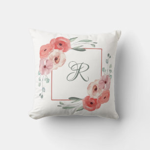 Coussin Corail rose et floral vert blanc avec monogramme