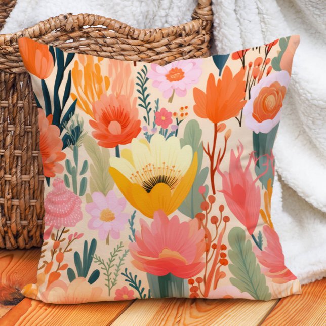 Coussin Corail Rose Jaune Crème Floral  (Yellow Pink Coral Cream Floral Throw Pillow)