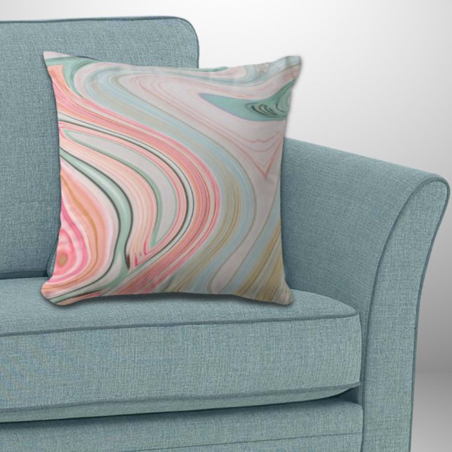 Coussin corail rose vif menthe vert arc-en-ciel tourbillon (blush pink coral mint green rainbow marble swirls throw pillow)