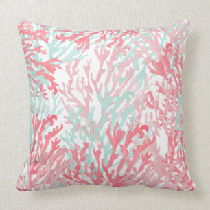 Coussin Corail rose vif turquoise peint à la main de réc