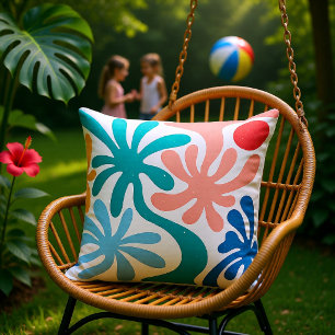 Coussin Corail sarcelle rétro Abstrait Palmiers tropicaux