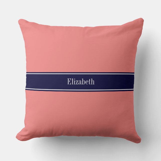Coussin Corail Uni, Ruban Bleu Marine Monogramme Nom (Recto)