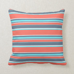 Coussin Corail vivant, bandes bleues et grises