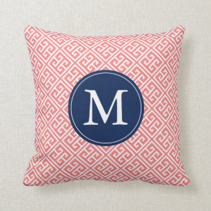Coussin Coral bleu grec clé Motif Monogramme