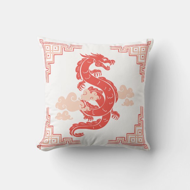 Coussin Coral Peach Chinoiserie Dragon et Nuages (Recto)