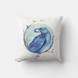 Coussin Corbeau avec une baie dans son bec aquarelle