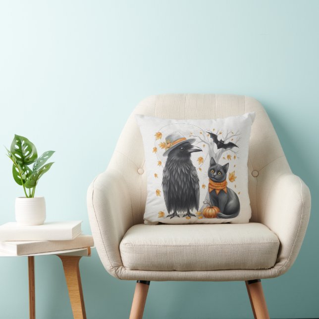 Coussin Corbeau et chat Halloween Automne Crow (Chaise)