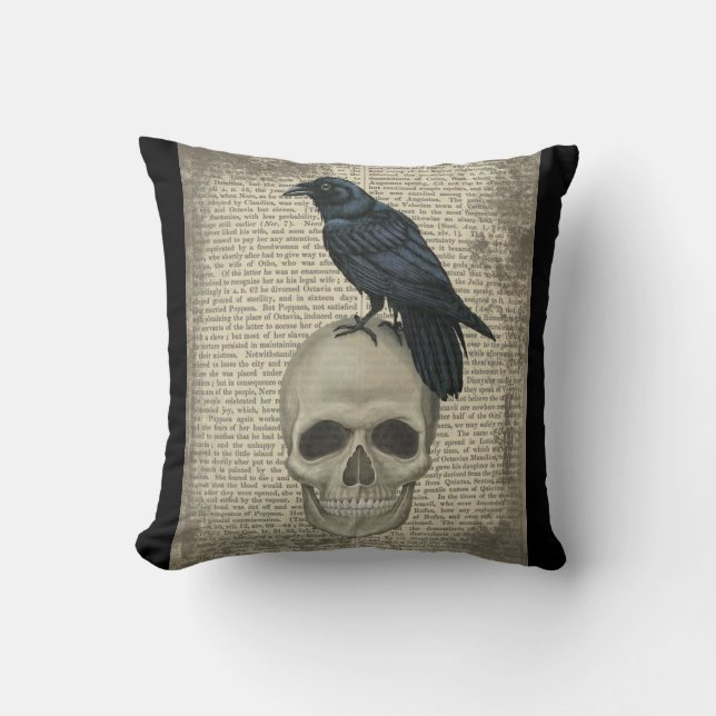 Coussin Corbeau et crâne, halloween, gothique (Recto)
